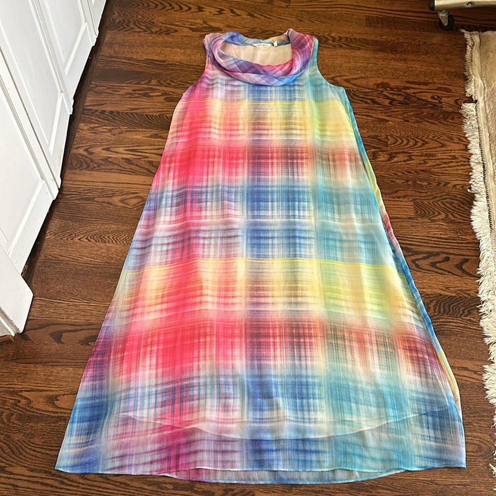 Soft Surroundings Carnevale Multi Plaid Maxi Dress Cowl Neck Pink Yellow Blue L - Picture 8 of 14
